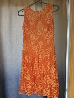 Sleeveless Coral Lace Fit-and-Flare Dress